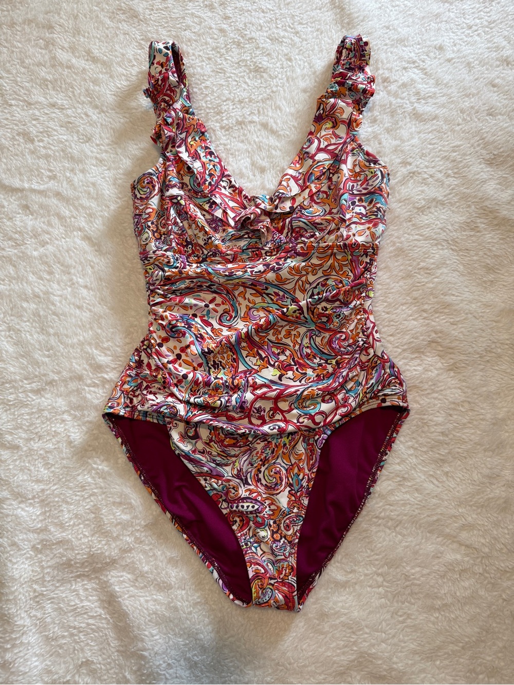 Lauren Ralph Lauren Paisley Ruffle-Shoulder One-Piece in Magenta and Multi